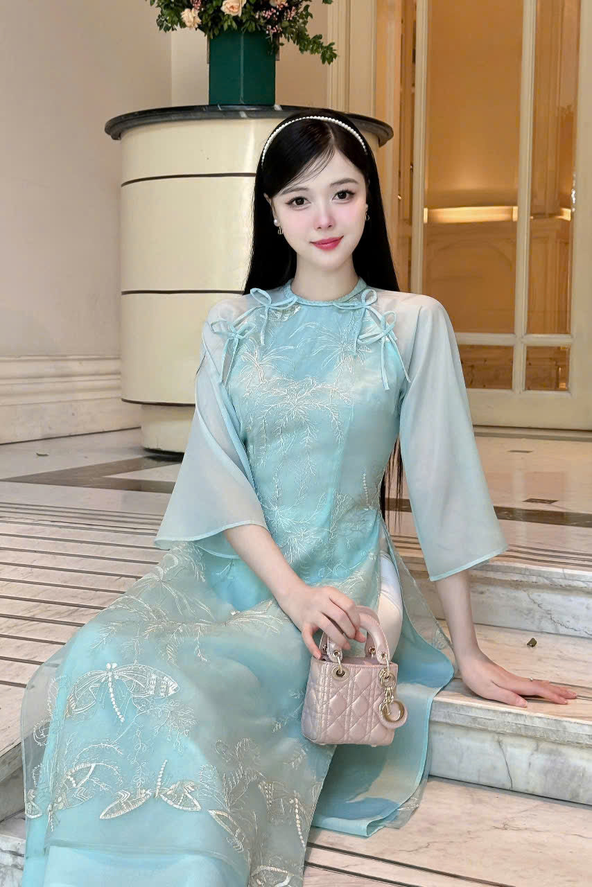 Blue Double Layers Chiffon Silk - Dragonfly Embroidery Modern Ao Dai Set