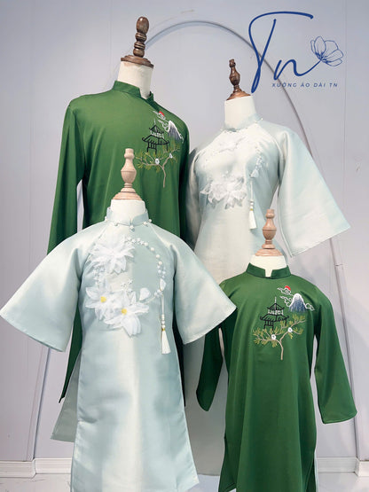 Baby Blue 3D Floral Ao Dai with Green pants | Matching ao dai for Mother Daughter