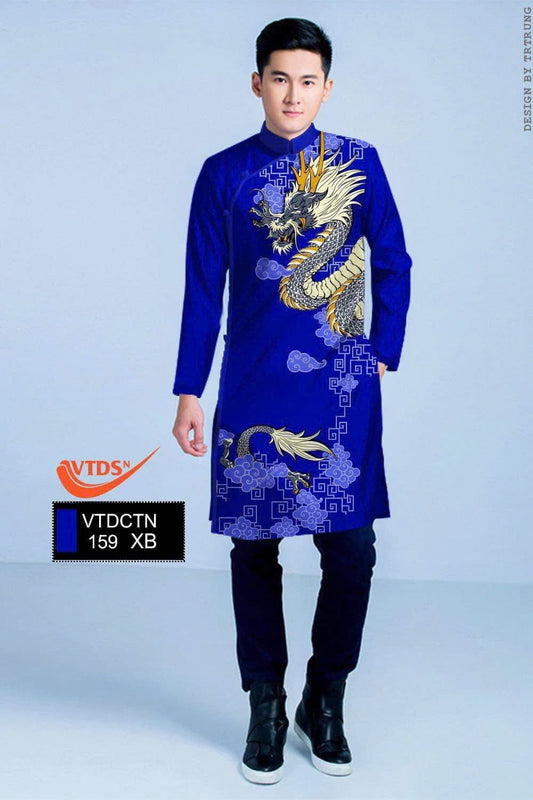 Men's Ao Dai - Blue 3D Dragon Printed Ao Dai | Modern Ao Dai Men