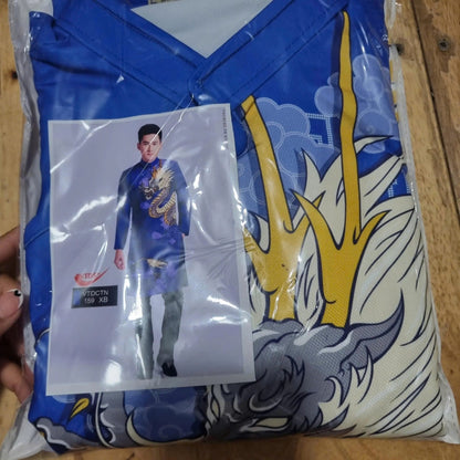 Men's Ao Dai - Blue 3D Dragon Printed Ao Dai | Modern Ao Dai Men