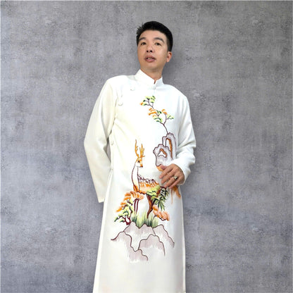 Ao Dai Men White Embroidered Deer | Vietnamese Traditional Outfit