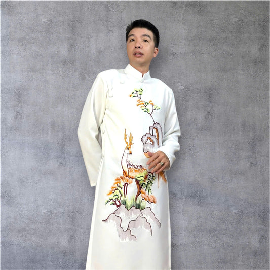 Ao Dai Men White Embroidered Deer | Vietnamese Traditional Outfit