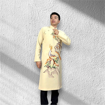 Ao Dai Men White Embroidered Deer | Vietnamese Traditional Outfit