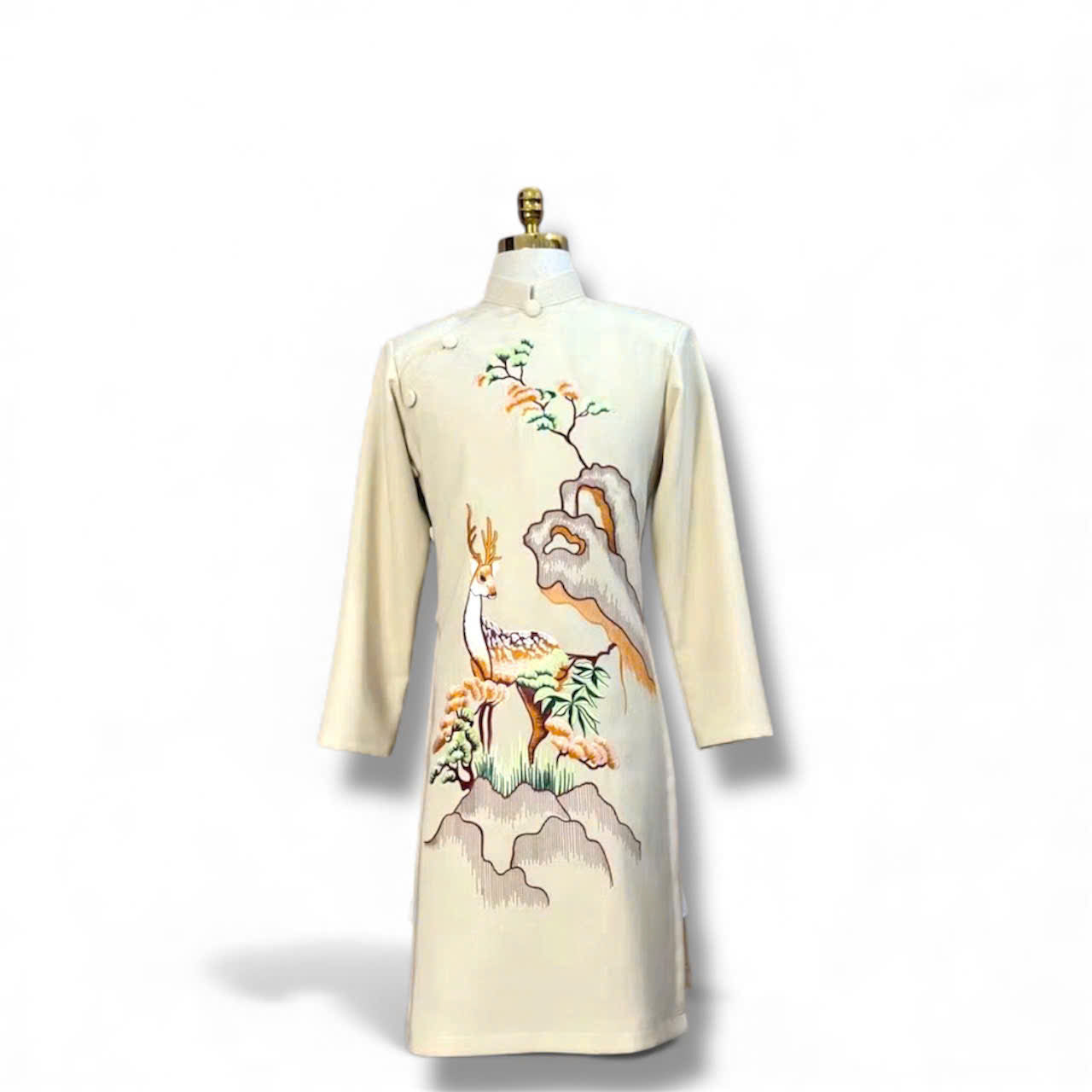 Ao Dai Men White Embroidered Deer | Vietnamese Traditional Outfit