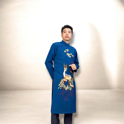 Ao Dai Men White Embroidered Deer | Vietnamese Traditional Outfit