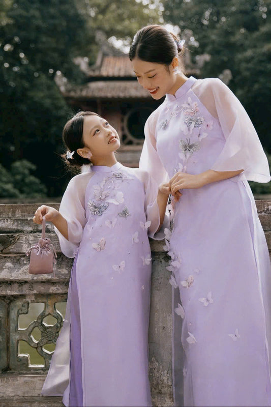 Purple Sparkle Ao Dai Matching Mother Daughter | Áo Dài Đôi Mẹ và Bé Gái