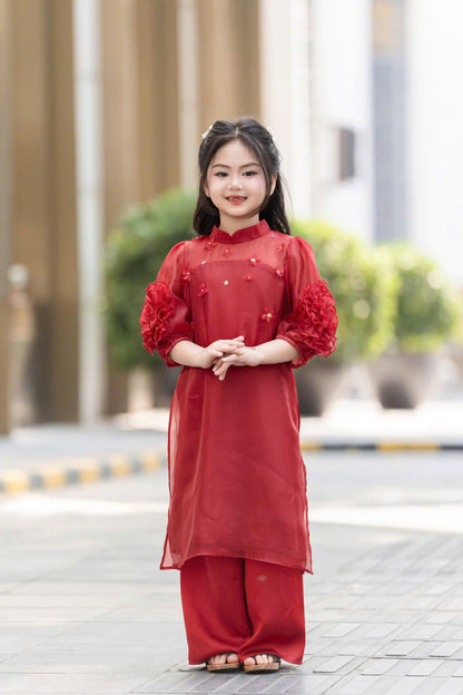 Girl Dress Ao Dai - Pink Red Modern Ao Dai For Daughter