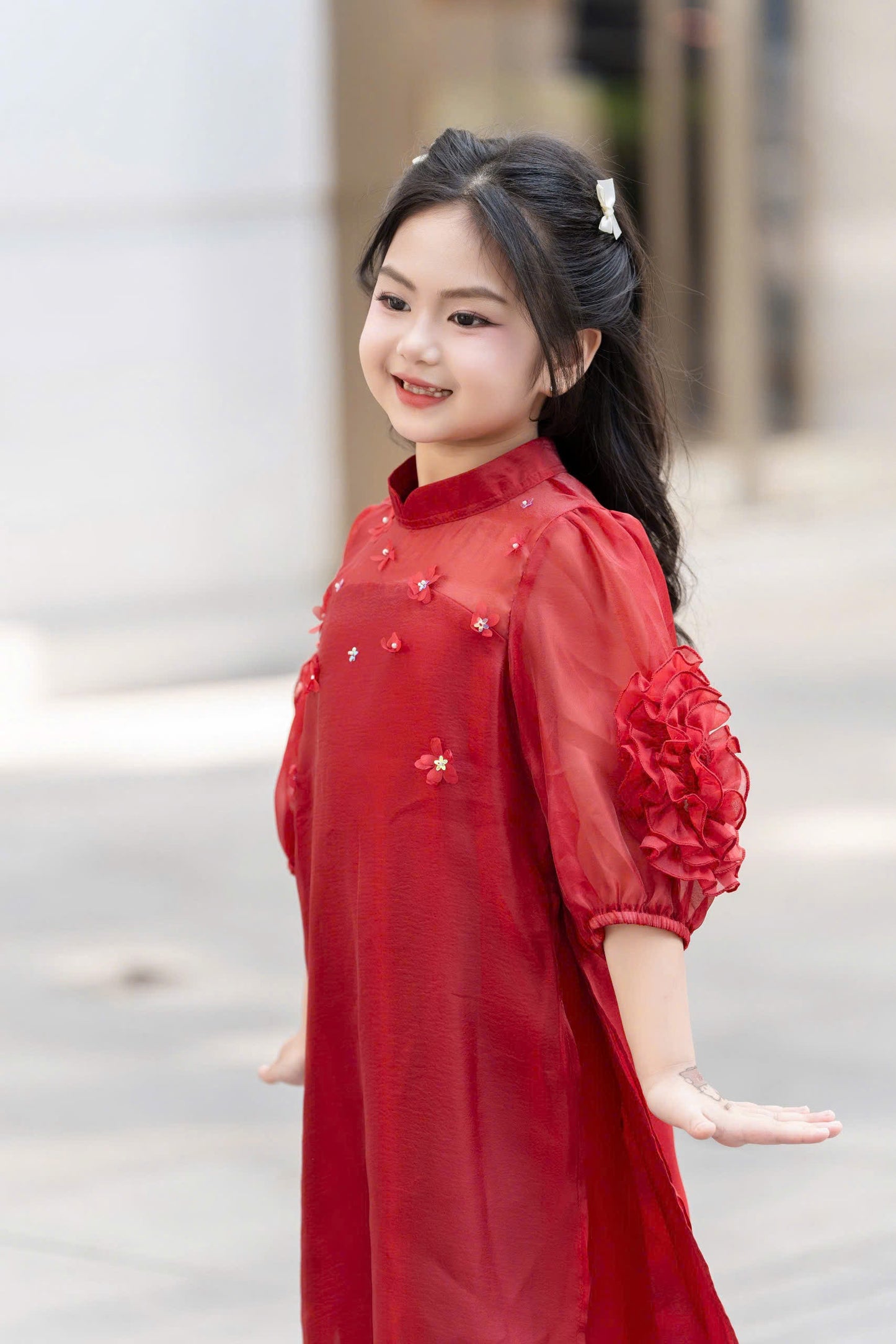 Girl Dress Ao Dai - Pink Red Modern Ao Dai For Daughter