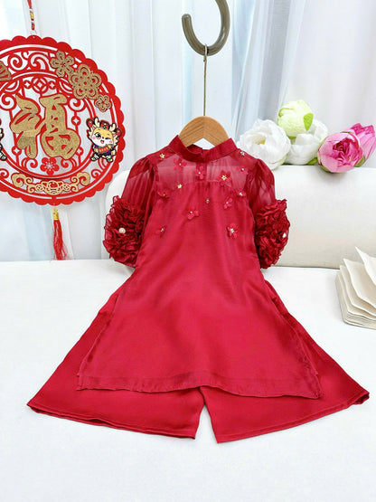 Girl Dress Ao Dai - Pink Red Modern Ao Dai For Daughter