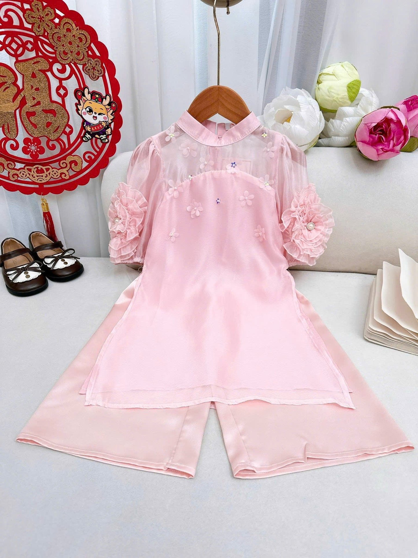 Girl Dress Ao Dai - Pink Red Modern Ao Dai For Daughter