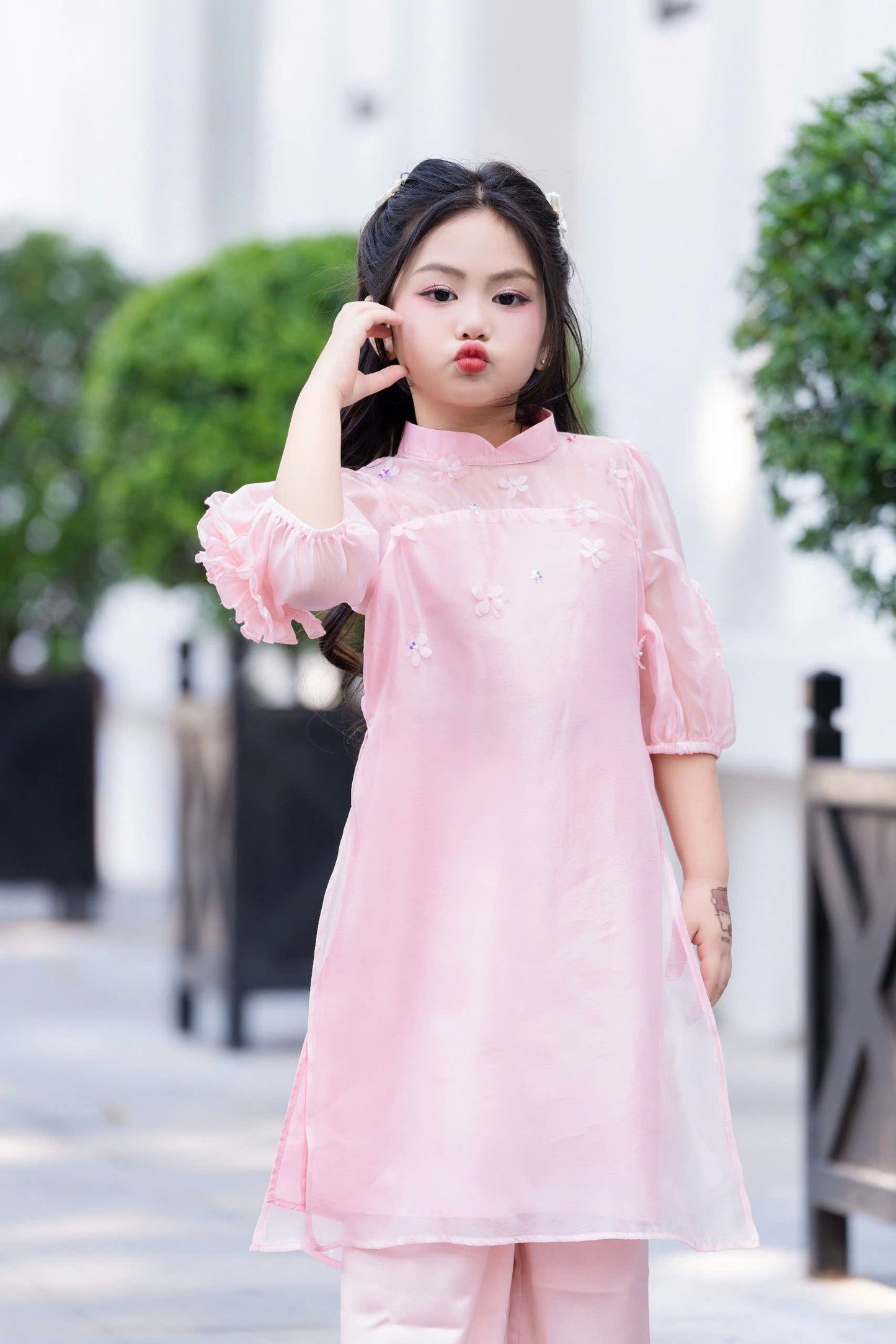 Girl Dress Ao Dai - Pink Red Modern Ao Dai For Daughter