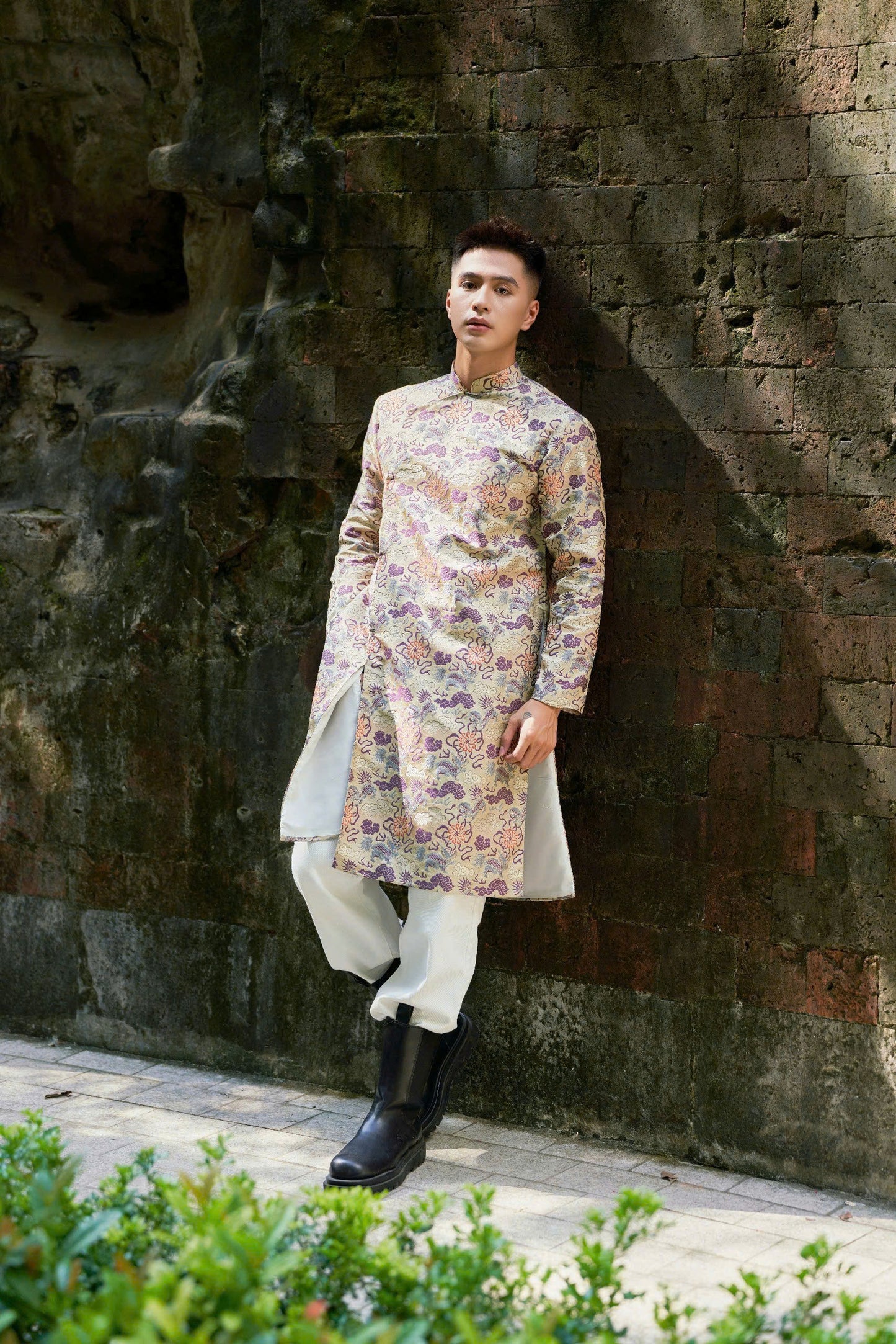 Jacquard Dress For Men - Gold Gam Dress | Van Long Ao Dai Men