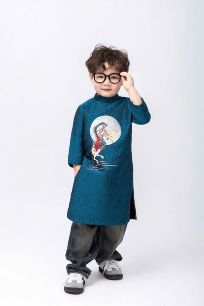 Vietnamese Kids Ao Dai – Boys Brocade Outfit with Embroidered Horse, Tet Lunar New Year, Wedding Traditional Clothing