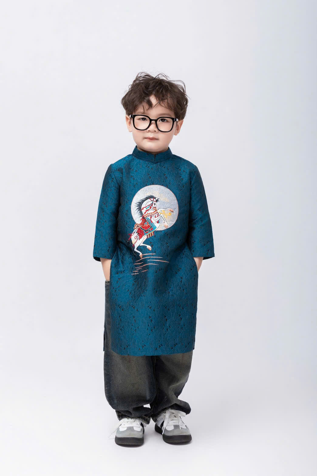 Vietnamese Kids Ao Dai – Boys Brocade Outfit with Embroidered Horse, Tet Lunar New Year, Wedding Traditional Clothing