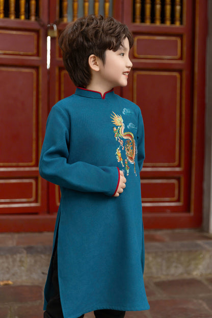 Dragon Embroidered Ao Dai For Boys - Vietnamese Long Dress Ao Dai For Kid | 2 Colors