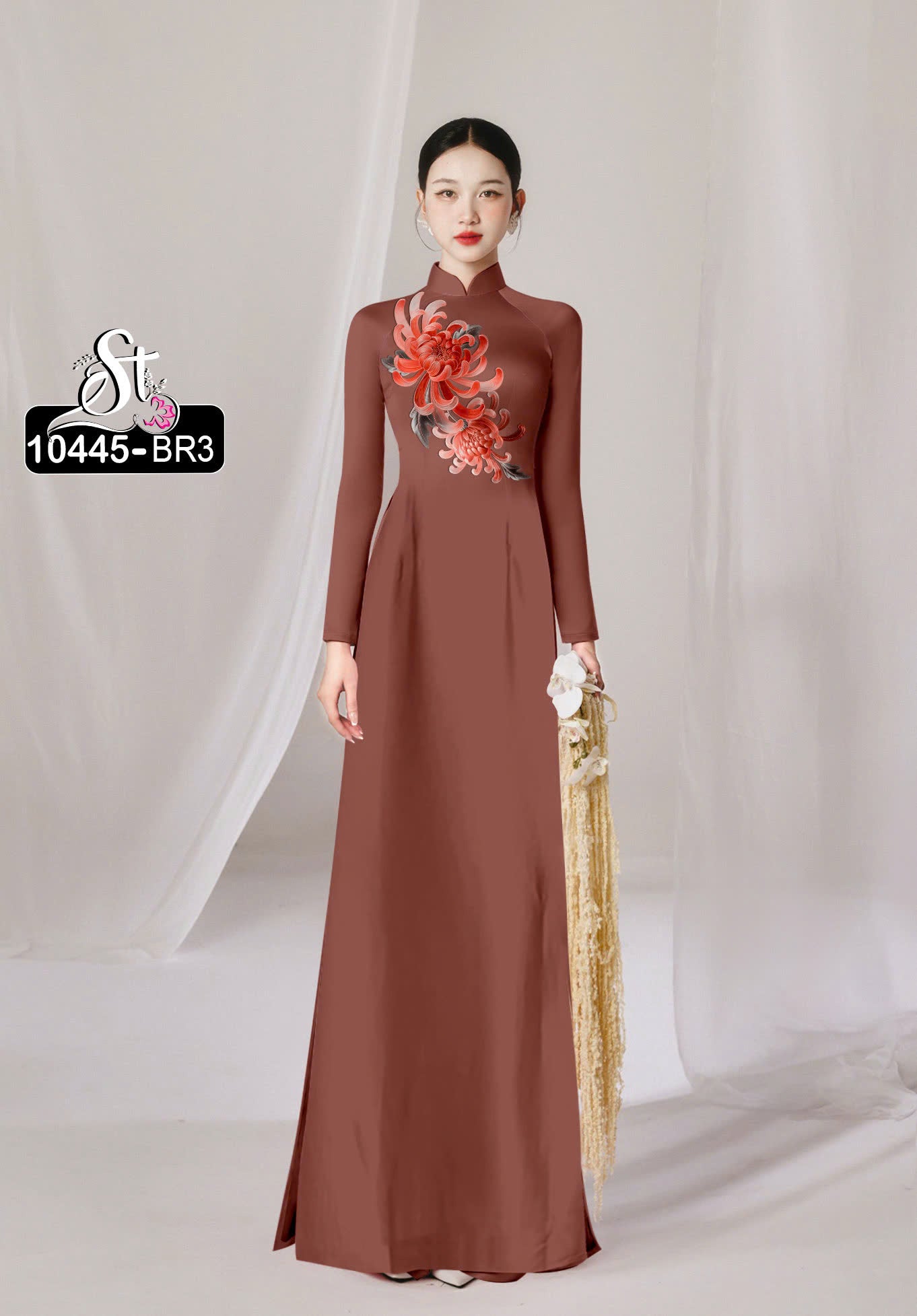 Pre-order: Vietnamese Ao Dai Dress | 3D Flower Printed Long Dress For Women