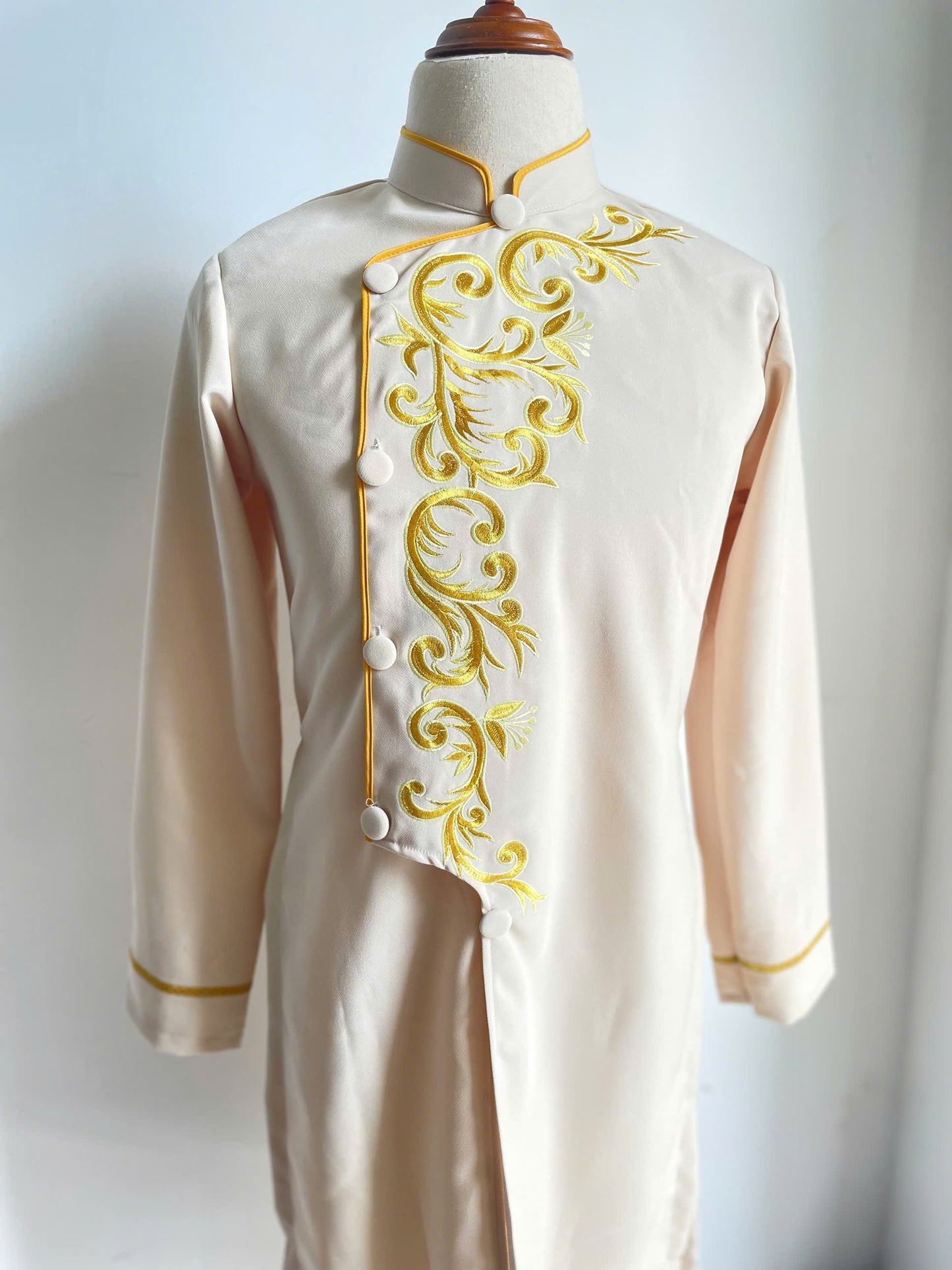 Cream Motif Embroidered Ao Dai For Men - Traditional Ao Dai Men Dress