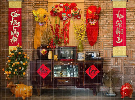 Backdrop Tet With New Year greetings | Tết Decorations | Liễn Đỏ Chúc Tết | PN-B123