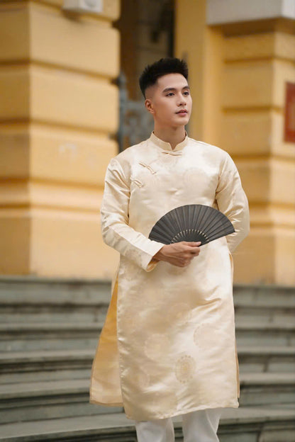 Beige Gấm Ao Dai Men - Traditional Ao Dai Vietnam - Uniform Ao Dai For Men