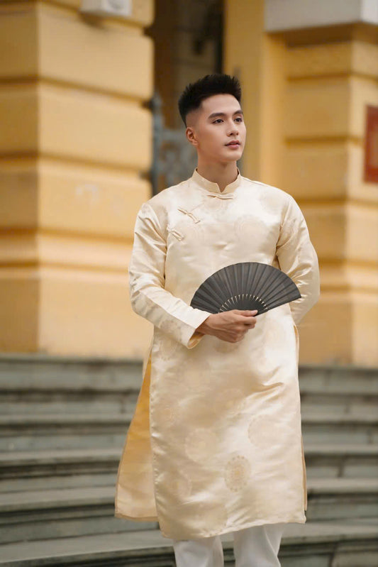 Beige Gấm Ao Dai Men - Traditional Ao Dai Vietnam - Uniform Ao Dai For Men