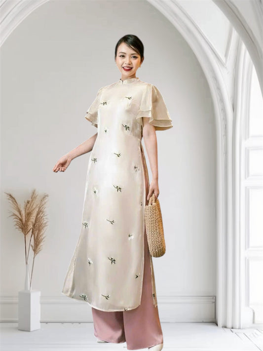 Ivory Puffy Sleeves Ao Dai | Vietnamese Modernized Ao Dai For Women