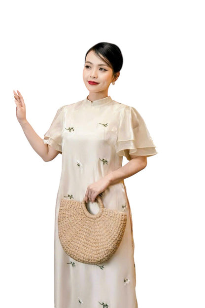 Ivory Puffy Sleeves Ao Dai | Vietnamese Modernized Ao Dai For Women