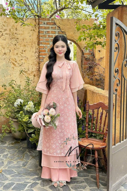 Blue or Pink Double Layers Ao Dai Dress | Vietnamese Ao Dai Modern