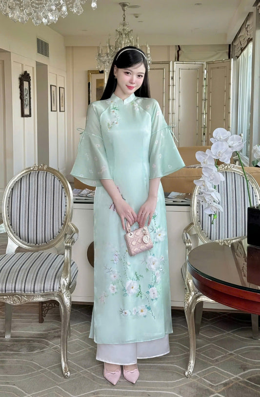 Mint 3D Floral Double Layers Chiffon - Sparkling Ribbon Modern Ao Dai Set