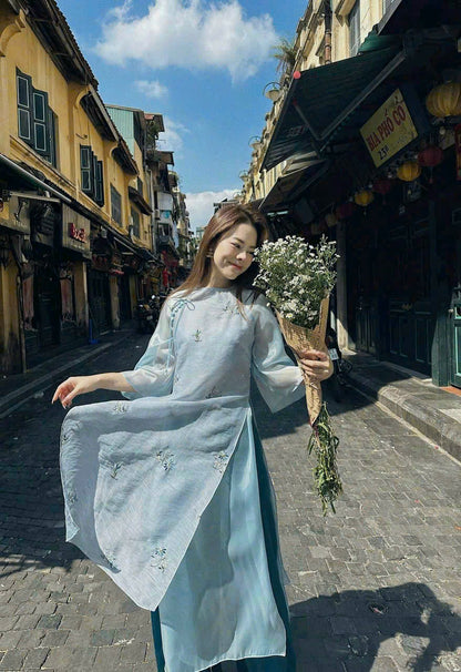 Blue Shifted Modern Ao Dai - Floral Embroidery Modern Ao Dai Set