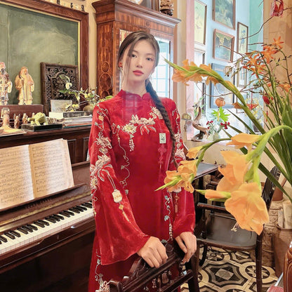 Red Embroidered Ao Dai For Women- Ao Dai No Pants | Áo Dài Truyền Thống | Women Ao Dai