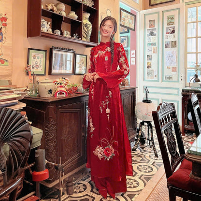 Red Embroidered Ao Dai For Women- Ao Dai No Pants | Áo Dài Truyền Thống | Women Ao Dai