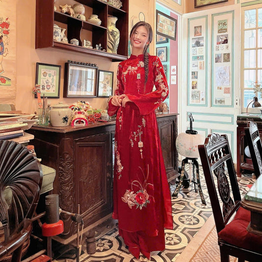 Red Embroidered Ao Dai For Women- Ao Dai No Pants | Áo Dài Truyền Thống | Women Ao Dai