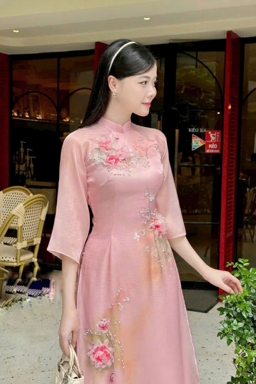 Pink 3D Floral With Crystals | Ao Dai Women Modern