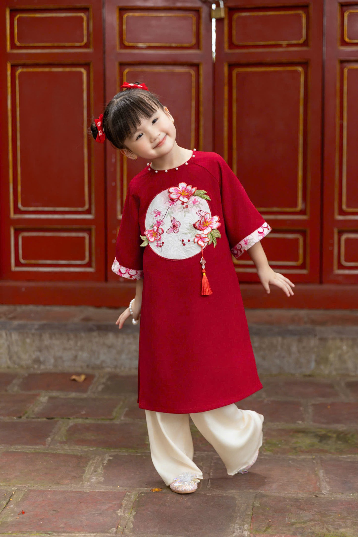 Red\Cream Modern Girl's Ao Dai Set - Ao Dai For Daughter