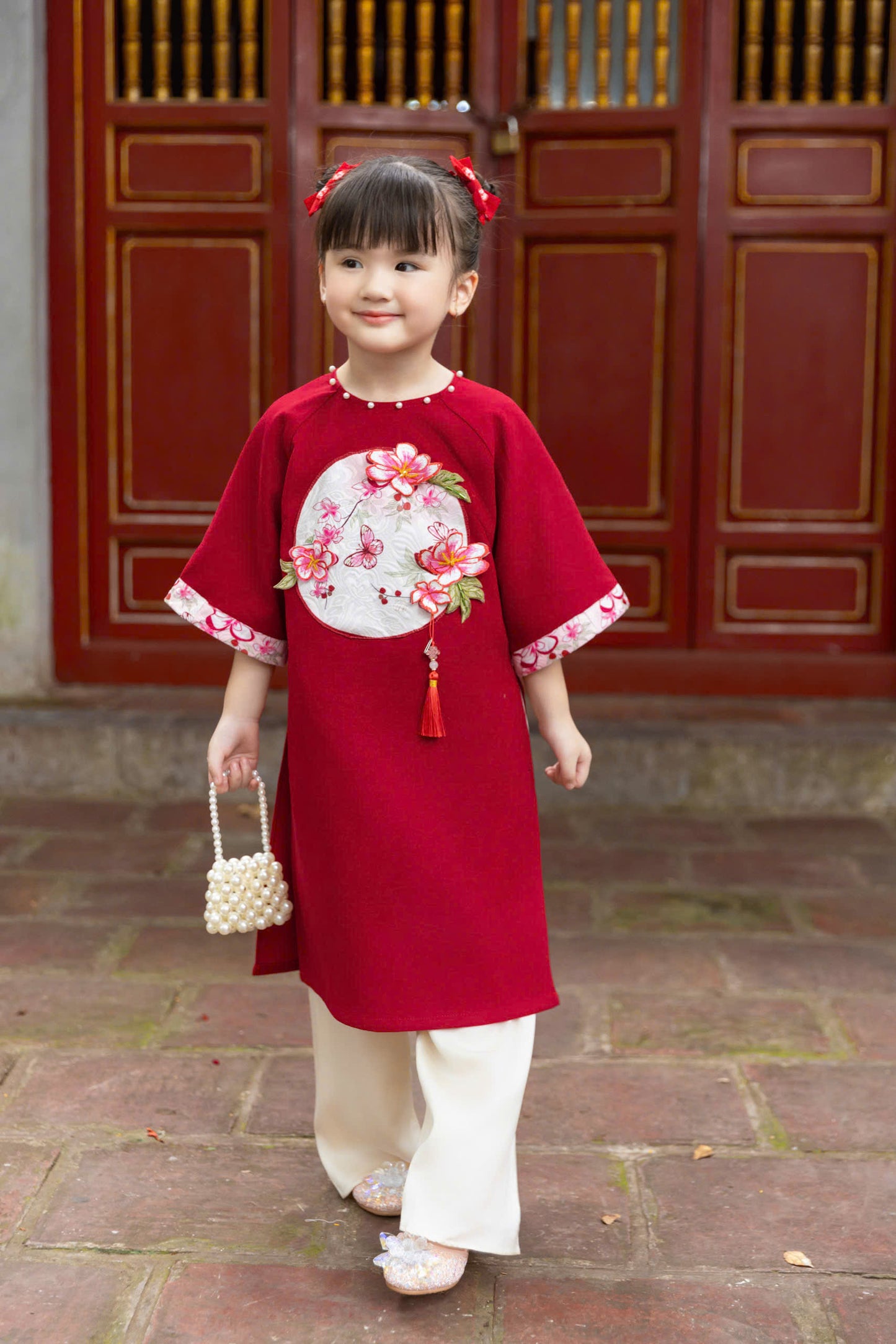 Red\Cream Modern Girl's Ao Dai Set - Ao Dai For Daughter