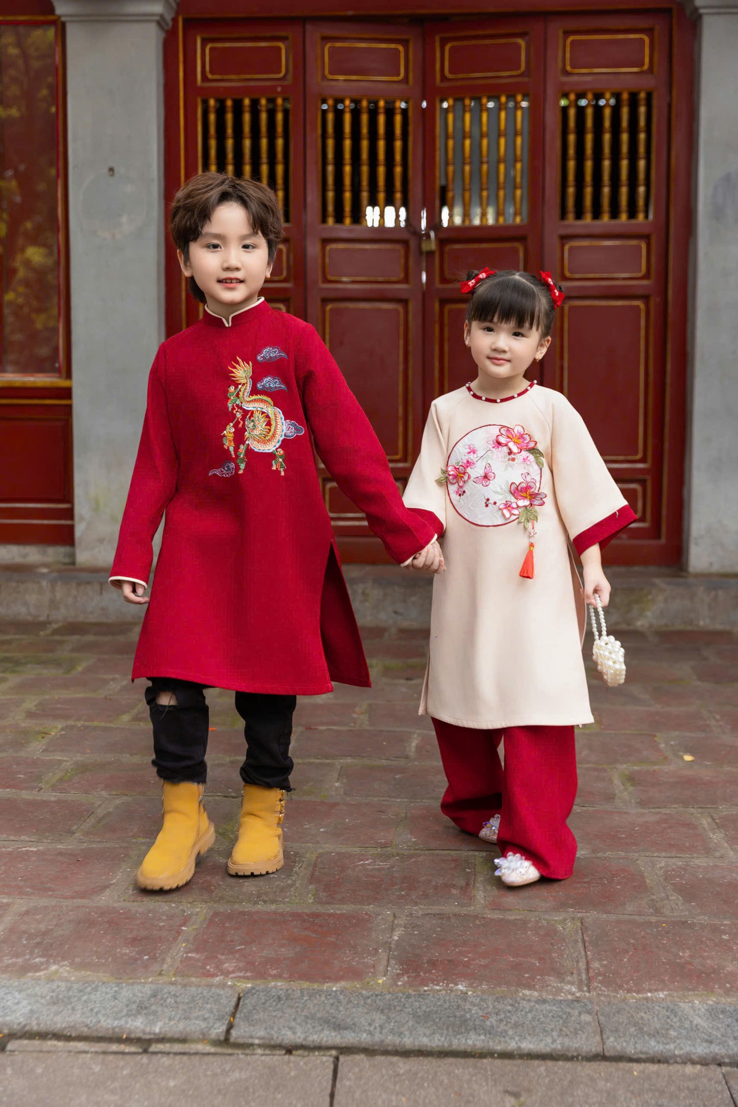 Red\Cream Modern Girl's Ao Dai Set - Ao Dai For Daughter