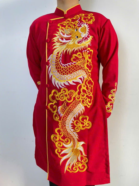 Red Embroidered Ao Dai for Men - Vietnamese Traditional Dress For Men