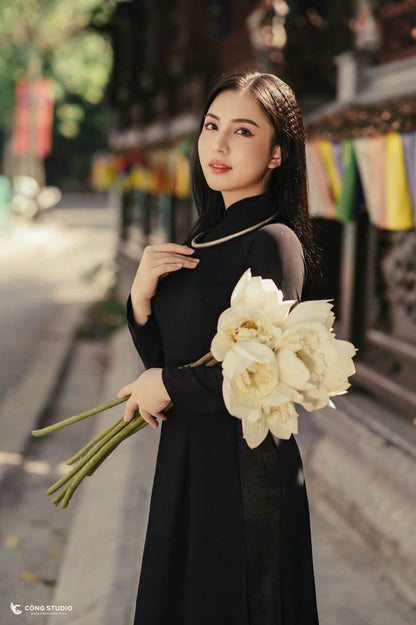 Black Double Layers Chiffon Ao Dai Dress | Women Ao Dai Vietnamese