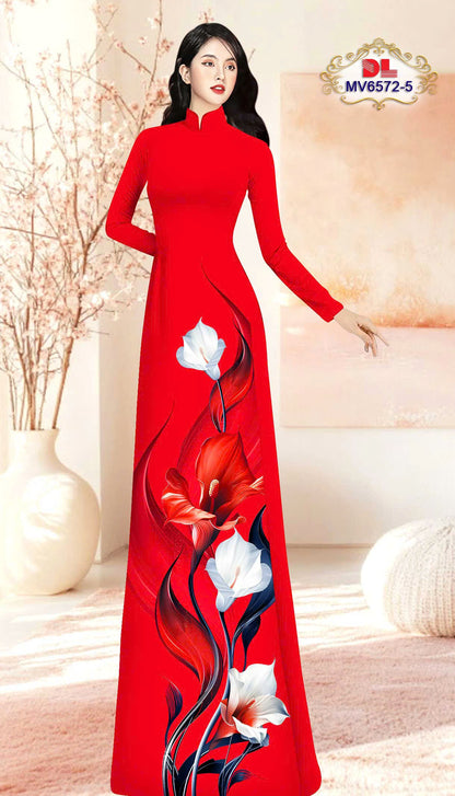 Pre-order: Vietnamese Ao Dai with Bold Red & White Lily Print| Ao Dai Viet Nam