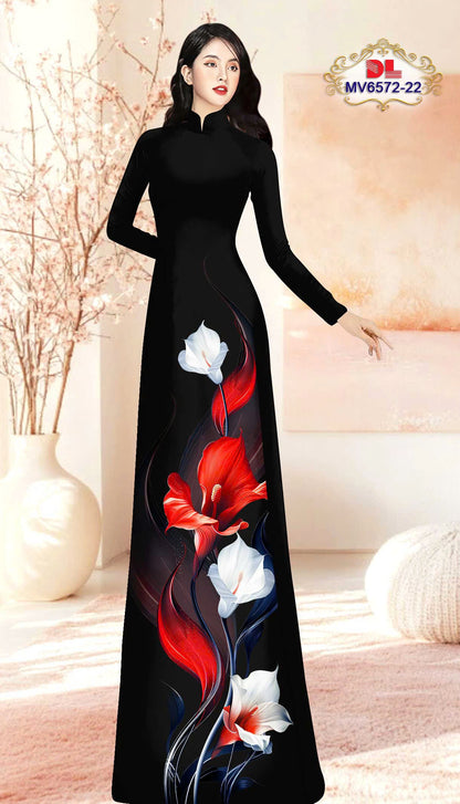 Pre-order: Vietnamese Ao Dai with Bold Red & White Lily Print| Ao Dai Viet Nam