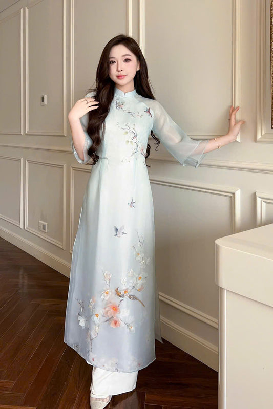 Blue Chiffon Ao Dai With Sallow Bird - Ao Dai Dresses | Modern Ao Dai For Women