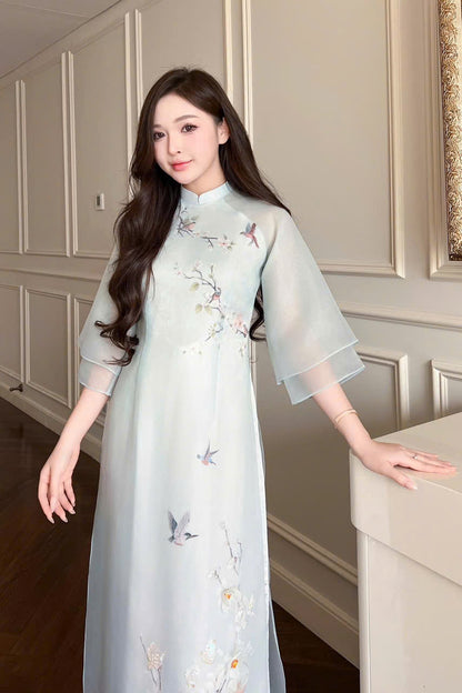 Blue Chiffon Ao Dai With Sallow Bird - Ao Dai Dresses | Modern Ao Dai For Women