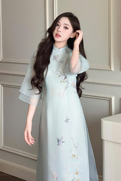 Blue Chiffon Ao Dai With Sallow Bird - Ao Dai Dresses | Modern Ao Dai For Women