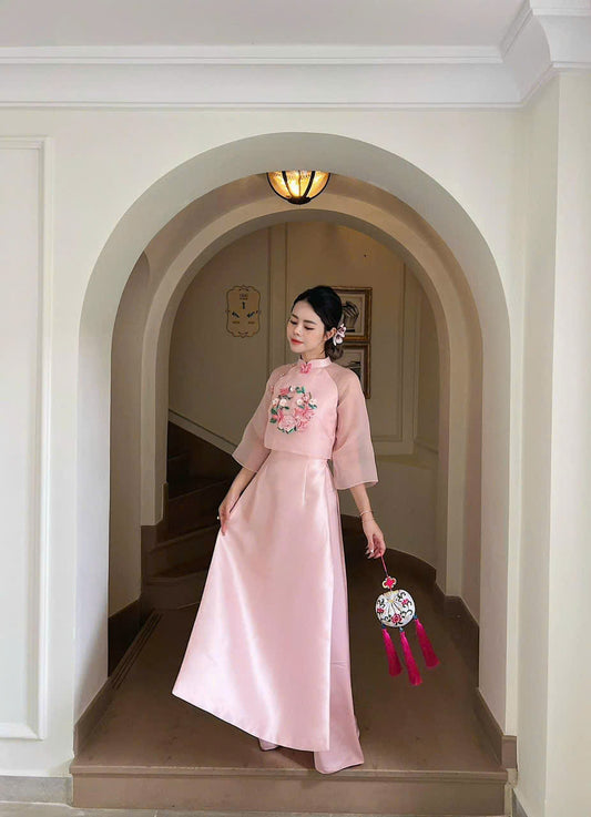 Pink Cap Shoulder with 3D Floral Ao Dai Set  -  Modern Ao Dai