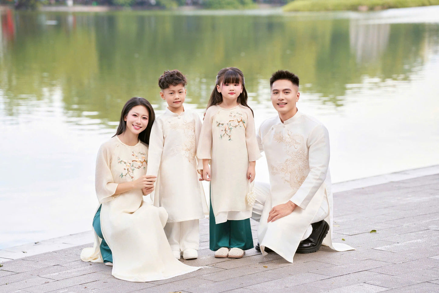 Cream Ao Dai Matching Set for Family | Vietnamese Dress for Wedding / Tet