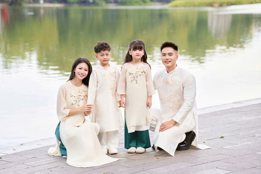 Cream Ao Dai Matching Set for Family | Vietnamese Dress for Wedding / Tet