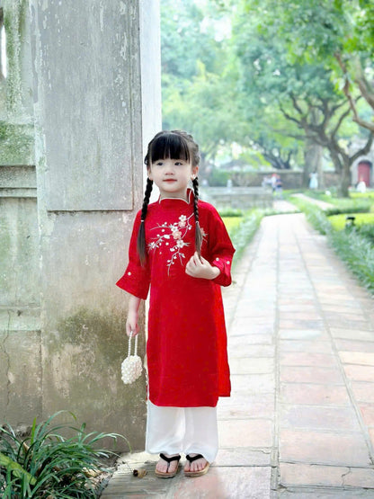 The Red Embroidery Girl's Ao Dai Set - Ao Dai For Daughter