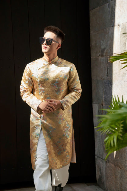 Dragon Jacquard Long Dress - Gold Gam Ao Dai Men