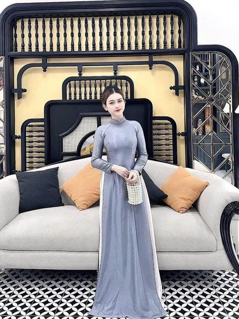 Gray Ao Dai Lụa Vân Gỗ with Pearls | Vietnamese Traditional Ao Dai