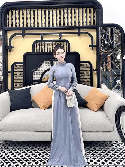 Gray Ao Dai Lụa Vân Gỗ with Pearls | Vietnamese Traditional Ao Dai